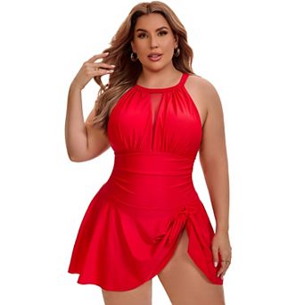 Women's Plus Size 1 pc Swimwear Halter Mesh Sheer Tie Knot Swimsuit Tummy Control Push Up Swimwear