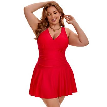 Women's Plus Size Swimdress Push Up Shirring Tummy Control Summer Beach Swimsuit Built in Shorts