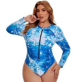 Women's Plus Size 1 pc Surfing Swimwear Long Sleeve Tie Dye Guard Half Zipper Beach Swimsuit