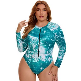 Women's Plus Size 1 pc Surfing Swimwear Long Sleeve Tie Dye Guard Half Zipper Beach Swimsuit