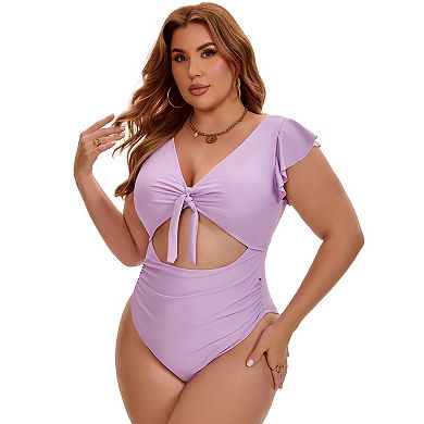 Women's Plus Size 1 Piece Bathing Suit Cut Out Ruffle Tie Front Shirring Short Sleeve Beach Swimsuit
