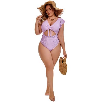 Women's Plus Size 1 Piece Bathing Suit Cut Out Ruffle Tie Front Shirring Short Sleeve Beach Swimsuit