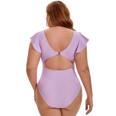 Women's Plus Size 1 Piece Bathing Suit Cut Out Ruffle Tie Front Shirring Short Sleeve Beach Swimsuit