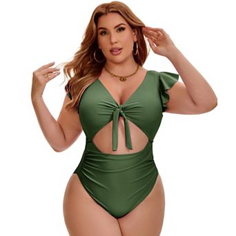 Women's Plus Size 1 pc Bathing Suit Cut Out Ruffle Tie Front Shirring Short Sleeve Beach Swimsuit