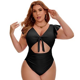 Women's Plus Size 1 pc Bathing Suit Cut Out Ruffle Tie Front Shirring Short Sleeve Beach Swimsuit