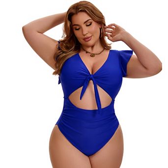 Women's Plus Size 1 pc Bathing Suit Cut Out Ruffle Tie Front Shirring Short Sleeve Beach Swimsuit