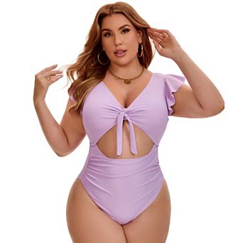 Women's Plus Size 1 pc Bathing Suit Cut Out Ruffle Tie Front Shirring Short Sleeve Beach Swimsuit