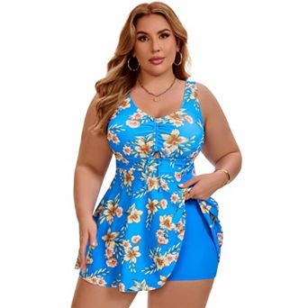 Women's Plus Size 2 pc Swimsuit Tankini Drawstring Front Cutout Tummy Control Swim Dress with Short