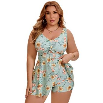 Women's Plus Size 2 pc Swimsuit Tankini Drawstring Front Cutout Tummy Control Swim Dress with Short
