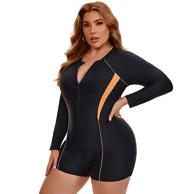 Women's Plus Size 1 Piece Long Sleeve Swimwear Zip Front Beach Pool Full Coverage Swimsuits