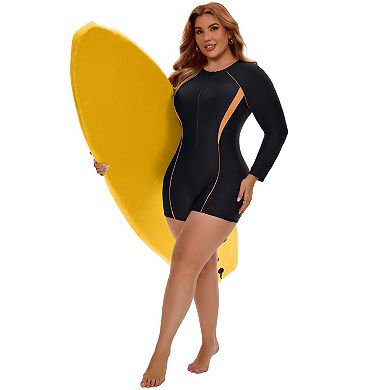 Women's Plus Size 1 Piece Long Sleeve Swimwear Zip Front Beach Pool Full Coverage Swimsuits