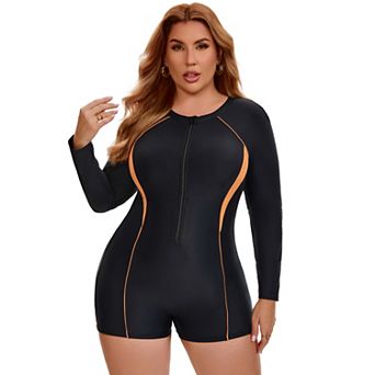 Women's Plus Size 1 pc Long Sleeve Swimwear Zip Front Beach Pool Full Coverage Swimsuits