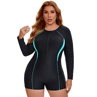 Women's Plus Size 1 pc Long Sleeve Swimwear Zip Front Beach Pool Full Coverage Swimsuits
