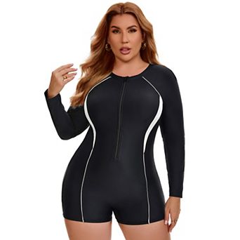 Women's Plus Size 1 pc Long Sleeve Swimwear Zip Front Beach Pool Full Coverage Swimsuits
