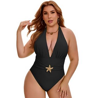 Women's Plus Size 1 pc Swimwear Halter Swimsuit Bandeau Push Up Shirring Tummy Control Bathing Suit