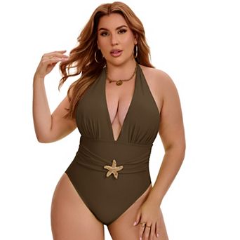 Women's Plus Size 1 pc Swimwear Halter Swimsuit Bandeau Push Up Shirring Tummy Control Bathing Suit