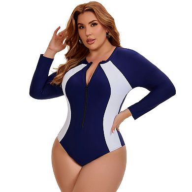 Women's Plus Size Long Sleeve Swimsuits 1 Piece Swimwear Zip Front Beach Full Coverage Bathing Suit