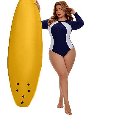 Women's Plus Size Long Sleeve Swimsuits 1 Piece Swimwear Zip Front Beach Full Coverage Bathing Suit