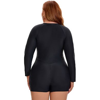 Women's Plus Size Long Sleeve Swimsuits 1 Piece Swimwear Zip Front Beach Full Coverage Bathing Suit