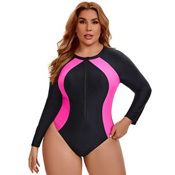 Women's Plus Size Long Sleeve Swimsuits 1 pc Swimwear Zip Front Beach Full Coverage Bathing Suit