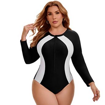 Women's Plus Size Long Sleeve Swimsuits 1 pc Swimwear Zip Front Beach Full Coverage Bathing Suit