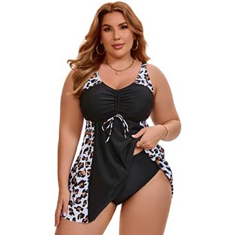 Women's Plus Size Swim Dress Two Piece Tankini Swimwear Push Up Tummy Control Swimsuit with Shorts