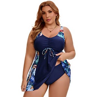 Women's Plus Size Swim Dress Two Piece Tankini Swimwear Push Up Tummy Control Swimsuit with Shorts