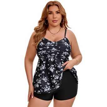Women's Plus Size 2 pc Swimsuit Tankini Top Shirring Flowy Push Up Full Coverage Swimwear w Short