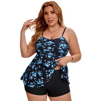 Women's Plus Size 2 pc Swimsuit Tankini Top Shirring Flowy Push Up Full Coverage Swimwear w Short