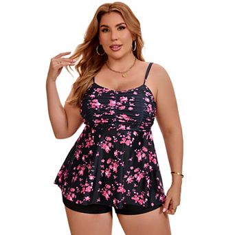 Women's Plus Size 2 pc Swimsuit Tankini Top Shirring Flowy Push Up Full Coverage Swimwear w Short