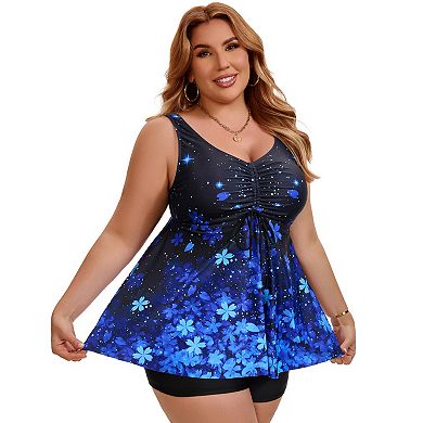 Women's Plus Size Two Piece Swimsuits Tankini Shirring Drawstring Push Up Swimwear with Bottoms