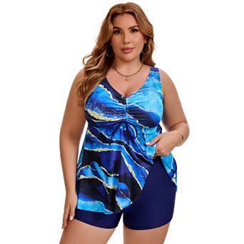 Women's Plus Size Two Piece Swimsuits Tankini Shirring Drawstring Push Up Swimwear with Bottoms