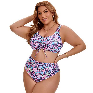 Women's Plus Size Bikini Drawstring Twist Front Push Up Shirring High Waisted 2 Piece Bathing Suits