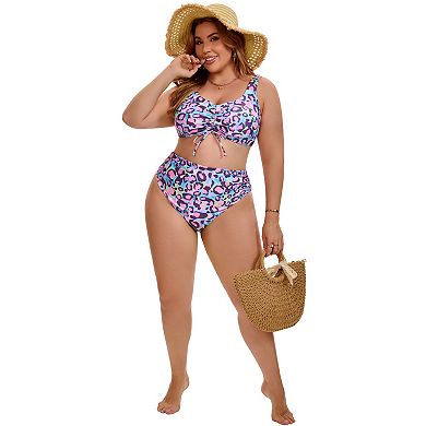 Women's Plus Size Bikini Drawstring Twist Front Push Up Shirring High Waisted 2 Piece Bathing Suits