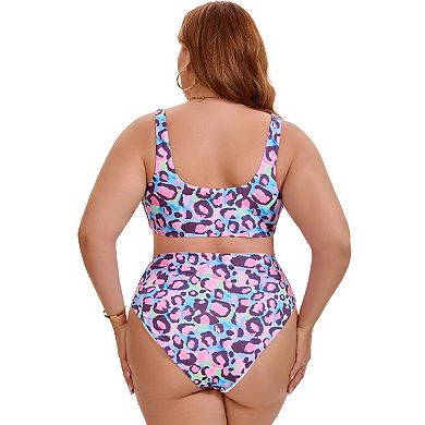 Women's Plus Size Bikini Drawstring Twist Front Push Up Shirring High Waisted 2 Piece Bathing Suits