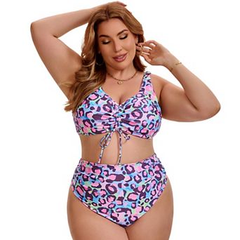 Women's Plus Size Bikini Drawstring Twist Front Push Up Shirring High Waisted 2 pc Bathing Suits