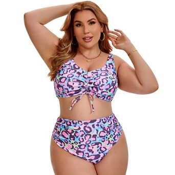 Women's Plus Size Bikini Drawstring Twist Front Push Up Shirring High Waisted 2 pc Bathing Suits