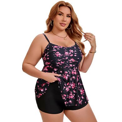 Women's Plus Size 2 Piece Swimsuit Tankini Top Shirring Flowy Push Up Full Coverage Swimwear w Short