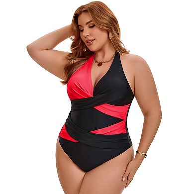 Women's Plus Size 1 Pc Swimsuit Halter Criss Cross Color Block Backless Push Up Beach Bathing Suits
