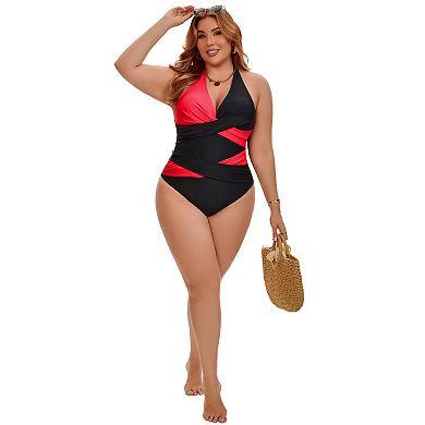 Women's Plus Size 1 Pc Swimsuit Halter Criss Cross Color Block Backless Push Up Beach Bathing Suits