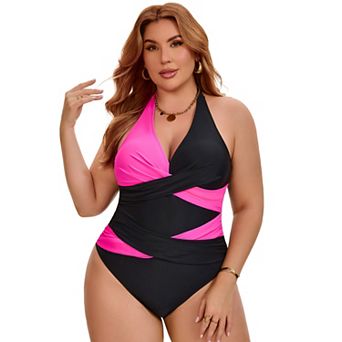 Women's Plus Size 1 pc Swimsuit Halter Criss Cross Color Block Backless Push Up Beach Bathing Suits