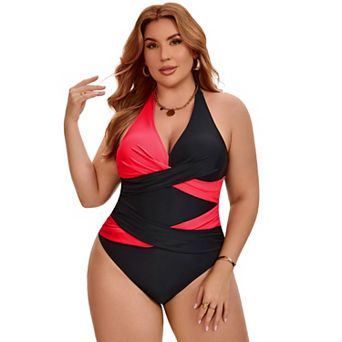 Women's Plus Size 1 pc Swimsuit Halter Criss Cross Color Block Backless Push Up Beach Bathing Suits