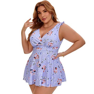 Women's Plus Size 2 Pcs Swimsuit Tankini Tie Ruffled Twist Front Push Up Backless Swim Dress w Short