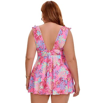 Women's Plus Size 2 Pcs Swimsuit Tankini Tie Ruffled Twist Front Push Up Backless Swim Dress w Short