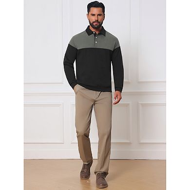 Men's Casual 3-Button Collar Color Block Long Sleeves Polo Shirts