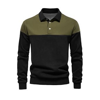 Men's Casual 3-Button Collar Color Block Long Sleeves Polo Shirts