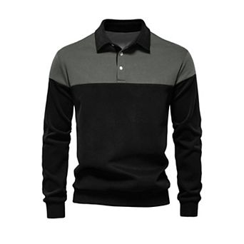Men's Casual 3-Button Collar Color Block Long Sleeves Polo Shirts
