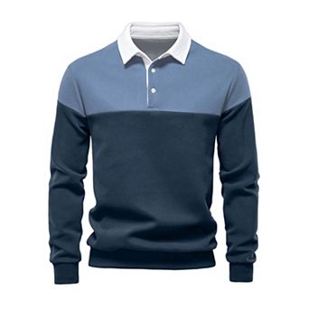 Men's Casual 3-Button Collar Color Block Long Sleeves Polo Shirts