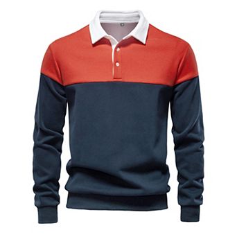 Men's Casual 3-Button Collar Color Block Long Sleeves Polo Shirts