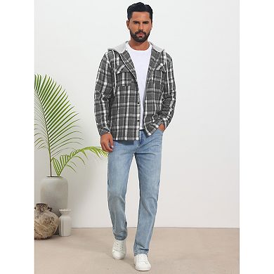 Men's Plaid Shirts Drawstring Hooded Chest Pocket Long Sleeve Shirt Jacket